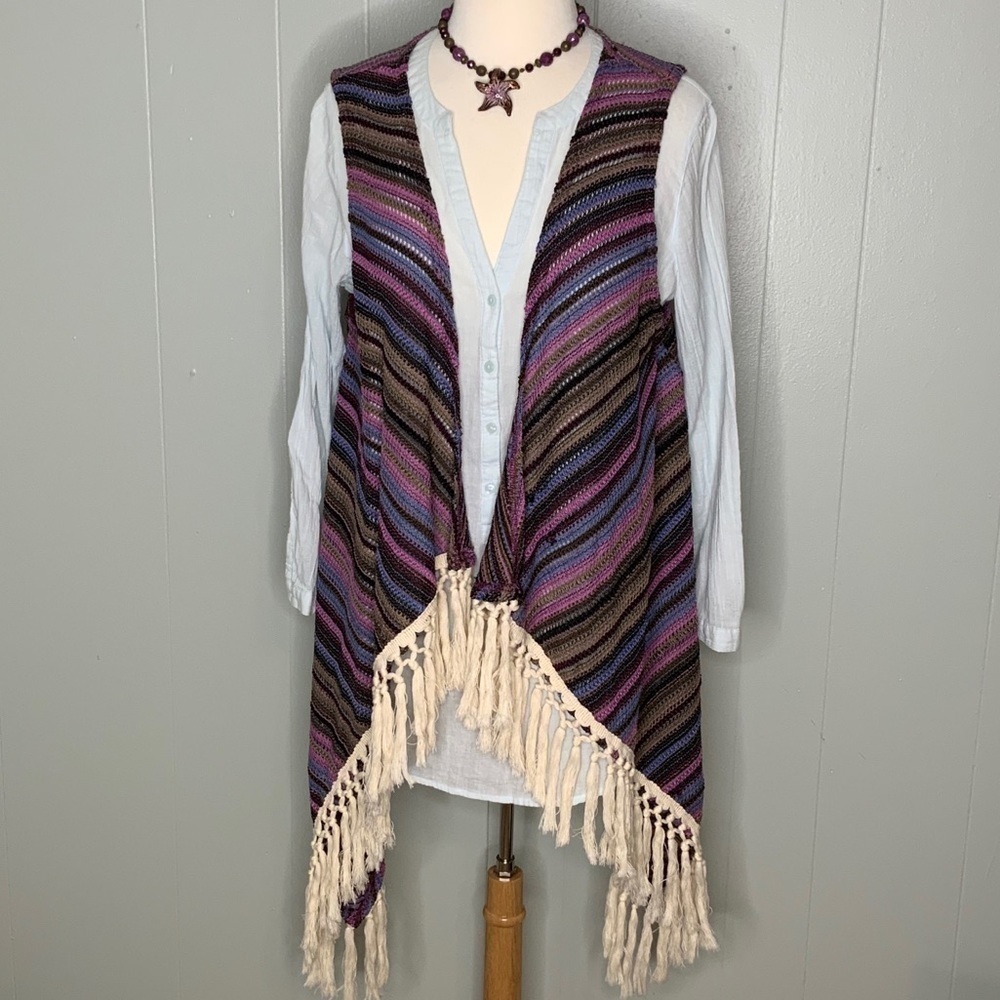 Umgee Purple Multicolor Stripe Crochet Knit Vest Fringe S/M